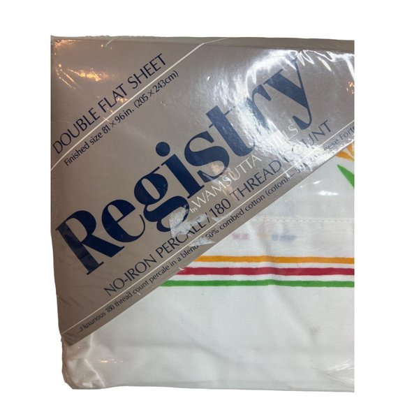 Vintage 80s Registry Double Flat Sheet Primarily Bouquets Red Yellow Blue Floral - Picture 2 of 7